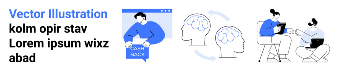 Person showing cashback banner, brain diagrams with arrows, two people collaborating with a laptop and document in office chairs. Ideal for business, finance, education, healthcare, technology