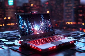 Cyberpunk laptop with neon lights and holographic displays in a dark, futuristic cityscape