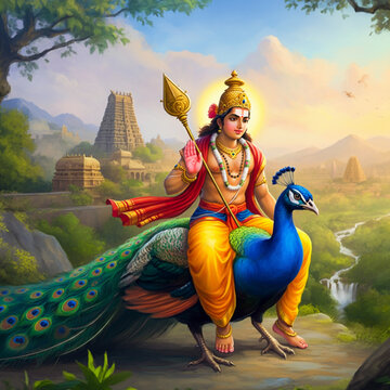 Lord Murugan seated on a peacock, holding a spear, representing valor, protection, and youth in Hindu mythology, worshiped as a symbol of strength
