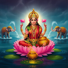 Goddess Lakshmi with elephants blessing her, seated on a lotus in the cosmic ocean, representing abundance, prosperity, and spiritual wealth