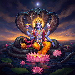 Lord Vishnu resting on Sheshnag in the cosmic ocean, symbolizing preservation, stability, and protection within the Hindu trinity