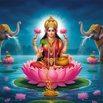 Goddess Lakshmi on a lotus surrounded by elephants, embodying prosperity, fortune, and divine blessings as celebrated in Hindu tradition