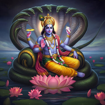 Lord Vishnu seated on Sheshnag with a lotus, symbolizing stability, preservation, and divine protection in Hindu mythology