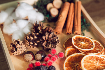Winter Natural Decoration - Pine Cones, Cinnamon, and Dried Fruits