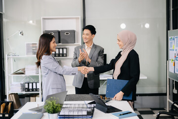 Business partnership handshake concept.Photo two coworkers handshaking process.Successful deal after great meeting...