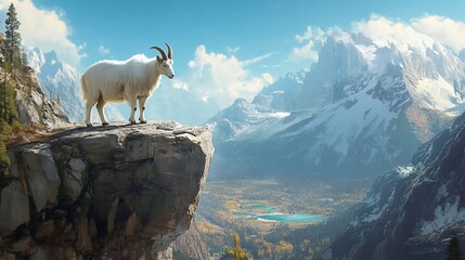A lone mountain goat stands on a cliff overlooking a valley with snow-capped mountains in the background.