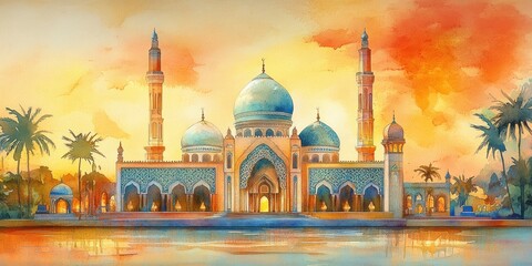 Watercolor Painting of a Grand Mosque at Sunset