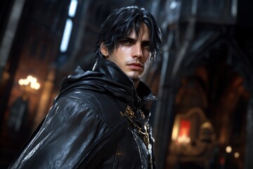 Fototapeta premium Gothic-style image of a man in dark clothing, standing in a dimly lit castle with a mysterious expression