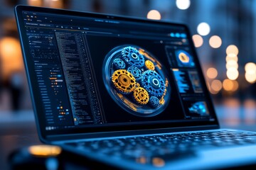 Hyper-realistic close-up of a laptop screen displaying intricate graphic design work with vivid colors and detail