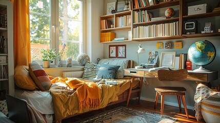 Cozy Bedroom with a Desk, Bookshelves, and a Globe
