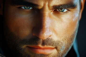 Naklejka premium Hyper-realistic close-up of a manâ€™s face with expressive eyes, capturing emotion and fine skin detail