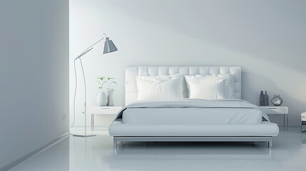 Contemporary bedroom interior design with a white leather bed, sleek bedside tables, a minimalistic color scheme of whites and grays, and a modern, angular floor lamp.