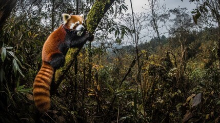 Obraz premium A red panda climbs a tree in a lush, green forest.