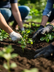 A group of volunteers planting tree seedlings. Environment concept background. Plant Care