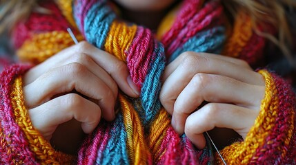 Close-up of a woman's hands knitting a colorful scarf.
