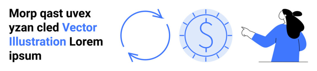 Woman pointing at circular arrow icon next to currency symbol. Ideal for financial services, economy, business presentations, sustainability, banking, resource management, and educational platforms