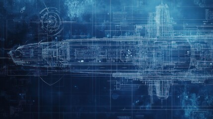 Fototapeta premium Blueprint of a battleships anti-submarine warfare system, showing sonar arrays, depth charges, and torpedo launchers in technical detail