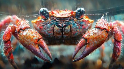 A close-up of a vibrant red crab with large black eyes, its claws raised in a defensive posture.
