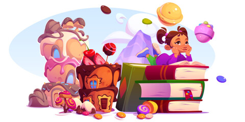 Fototapeta premium Dreamy girl lies near stack of tale books and open one surrounded by delicious candy houses, chocolates, cherries and colorful sweets. Fantasy landscape with purple mountain peak and floating lollipop