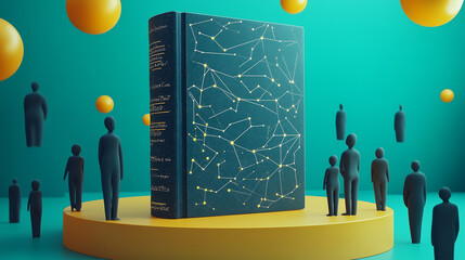 Fototapeta premium A creative representation of a book with constellations surrounded by abstract figures and spheres in a vibrant setting. Generative AI