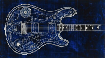 Blueprint of a guitar's pickguard, showing the contours, mounting holes, and decorative designs in high detail