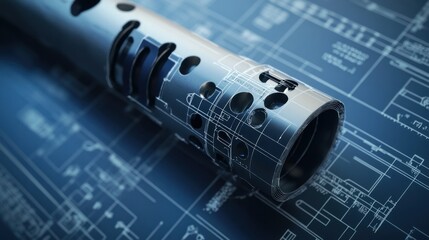 Blueprint of a guns muzzle brake and flash suppressor, photorealistic detail showcasing mechanical components and measurements