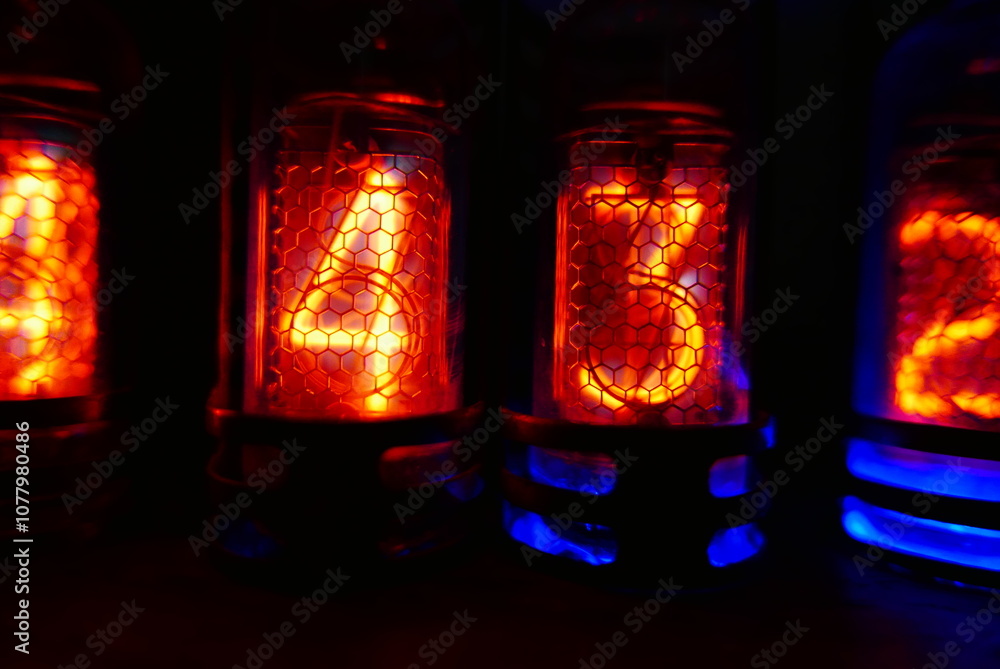 Poster retro nixie lamp indicator clock on dark background. the nixie tube indicator of the numbers of retr