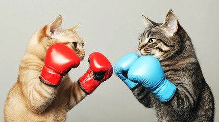 Two cats wearing boxing gloves fighting each other on a gray background. Cat battle, competition concept.