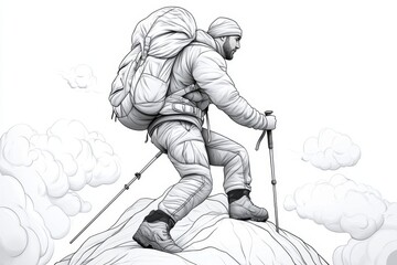 Single-line drawing of a man hiking up a mountain, symbolizing resilience and adventure