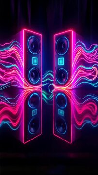 Two large speakers in the center with neon light, representing sound mixing and audio output, glowing speakers, neon lights, music system design