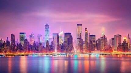 Obraz premium New York City skyline at night with illuminated skyscrapers