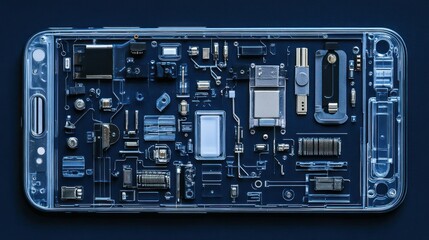 Blueprint of a smartphone's internal wiring and connectors, showcasing data and power cables in precise, photorealistic detail