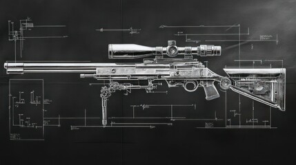 Blueprint of a sniper rifle's bolt-action system, showing the cocking mechanism, bolt carrier, and trigger system with fine details