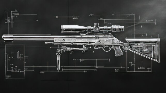Blueprint of a sniper rifle's bolt-action system, showing the cocking mechanism, bolt carrier, and trigger system with fine details