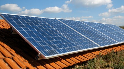 Fototapeta premium Renewable energy solution: close-up of solar panels on rooftop for sustainable living