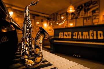 Vintage-style poster of a jazz club with a saxophone and piano, in sepia and muted tones
