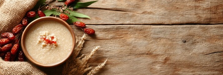Rustic flat lay of laba festival essentials with porridge and red dates on wooden table
