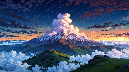 Majestic Mountain Range at Sunset in Anime Style