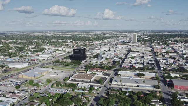 SUNNY DAY DRONE FLY OVER MCALLEN DOWNTOWN FACING SOUTH.