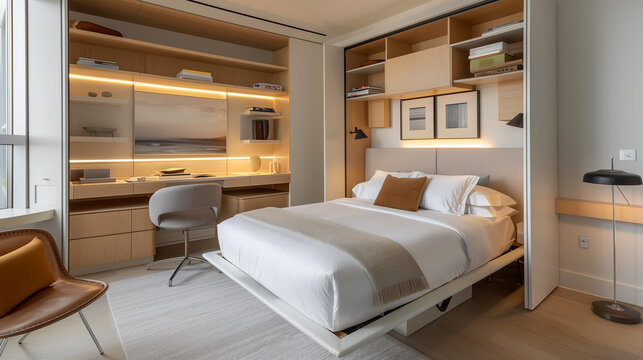 Small studio bedroom interior design with multifunctional furniture, a fold-out desk, a minimalist bed, and built-in shelves to maximize space without compromising style.
