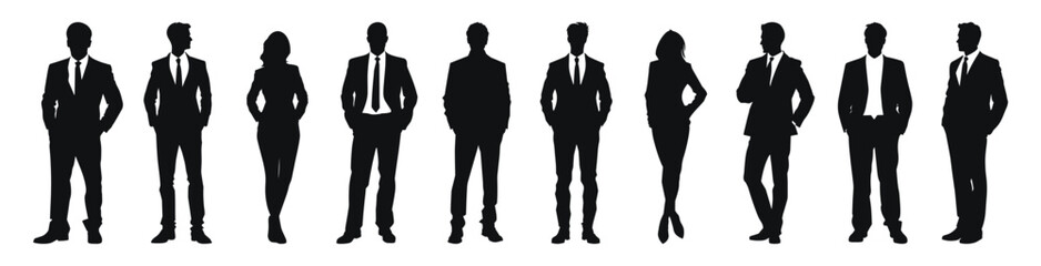 Business professionals in formal attire, vector illustration. Group of men and women in suits standing confidently, representing corporate and office settings.