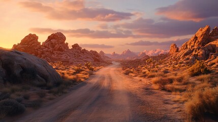 Naklejka premium A dirt road winds through a desert landscape with rocky formations and Joshua trees as the sun sets, casting a warm glow over the scene.