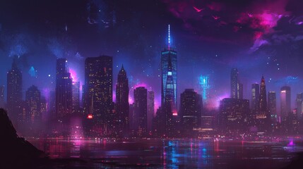 New York City skyline at night with illuminated skyscrapers