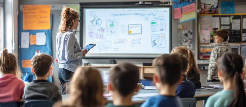Teacher presenting a lesson to a group of children in a classroom using a digital whiteboard and tablet.