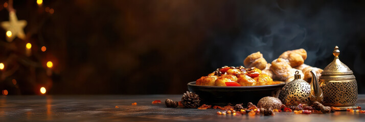 Tunisian independence day celebration with traditional dishes and tea. Independence day of Tunisia. Horizontal banner. Copy space. Holiday food on a table