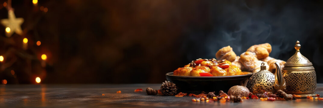 Tunisian independence day celebration with traditional dishes and tea. Independence day of Tunisia. Horizontal banner. Copy space. Holiday food on a table