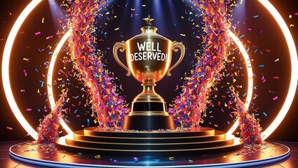 A Golden Trophy Surrounded by Confetti on a Podium