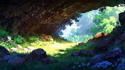 Mysterious cave with green plantation anime style