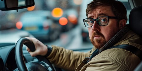 A thoughtful man driving in the city. The atmosphere feels tense with traffic and urban energy. His expression captures a moment of reflection. A close-up shot emphasizes emotion. AI.