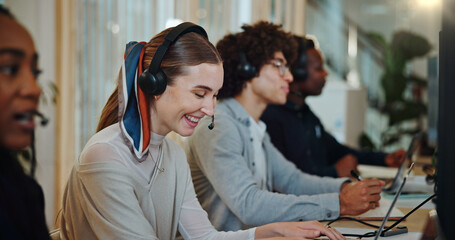 Consultant, call center and laughing with woman in office for customer service, funny or contact...